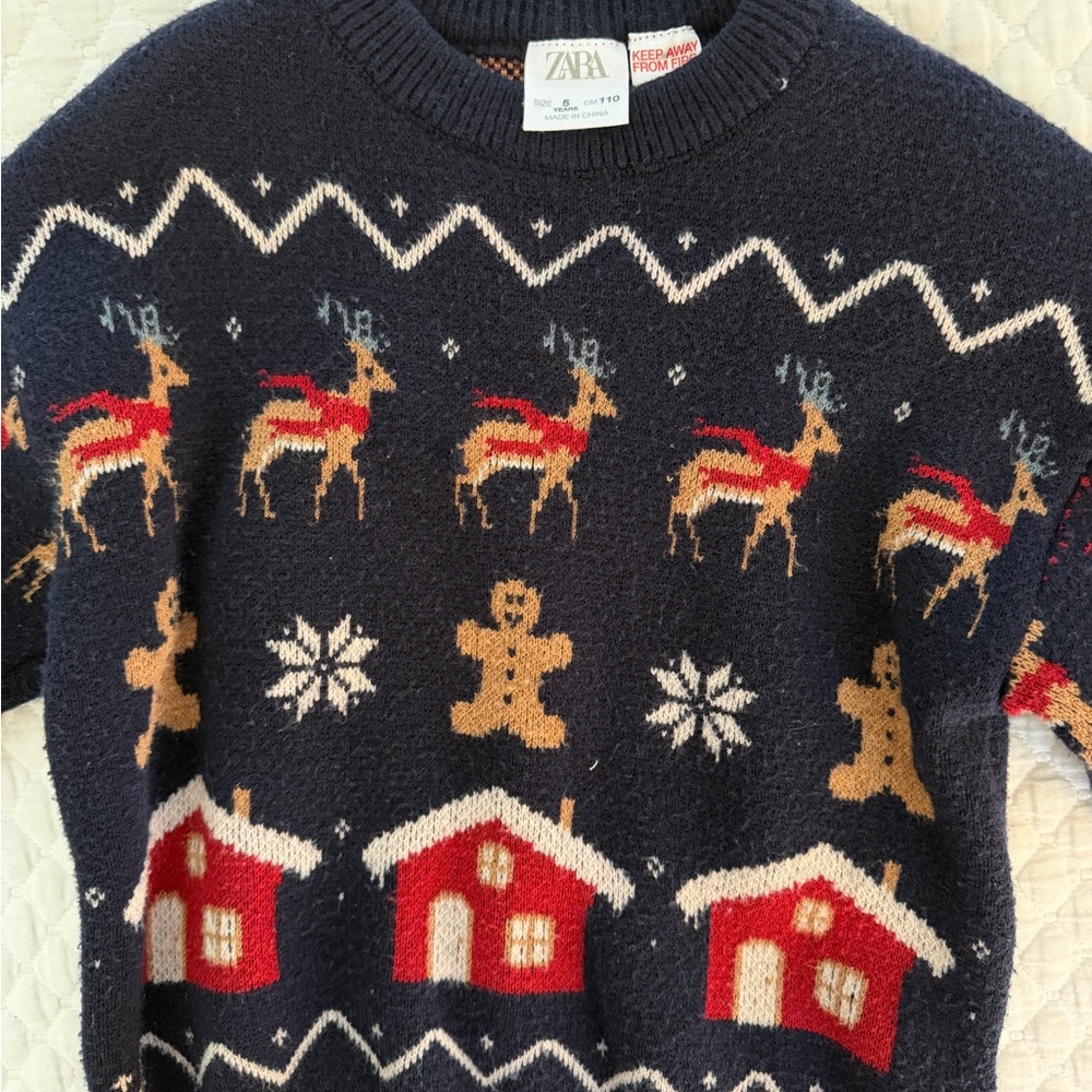 Zara Navy Sweater with Red and Tan Patterns